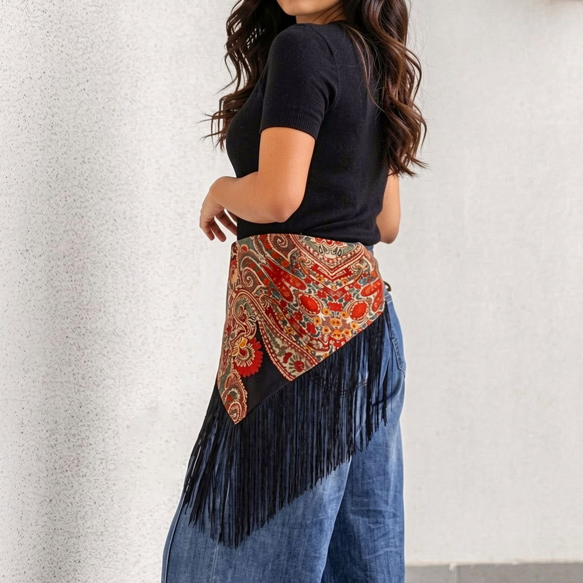 Black Paisley Fringe Belt - Melie Bianco