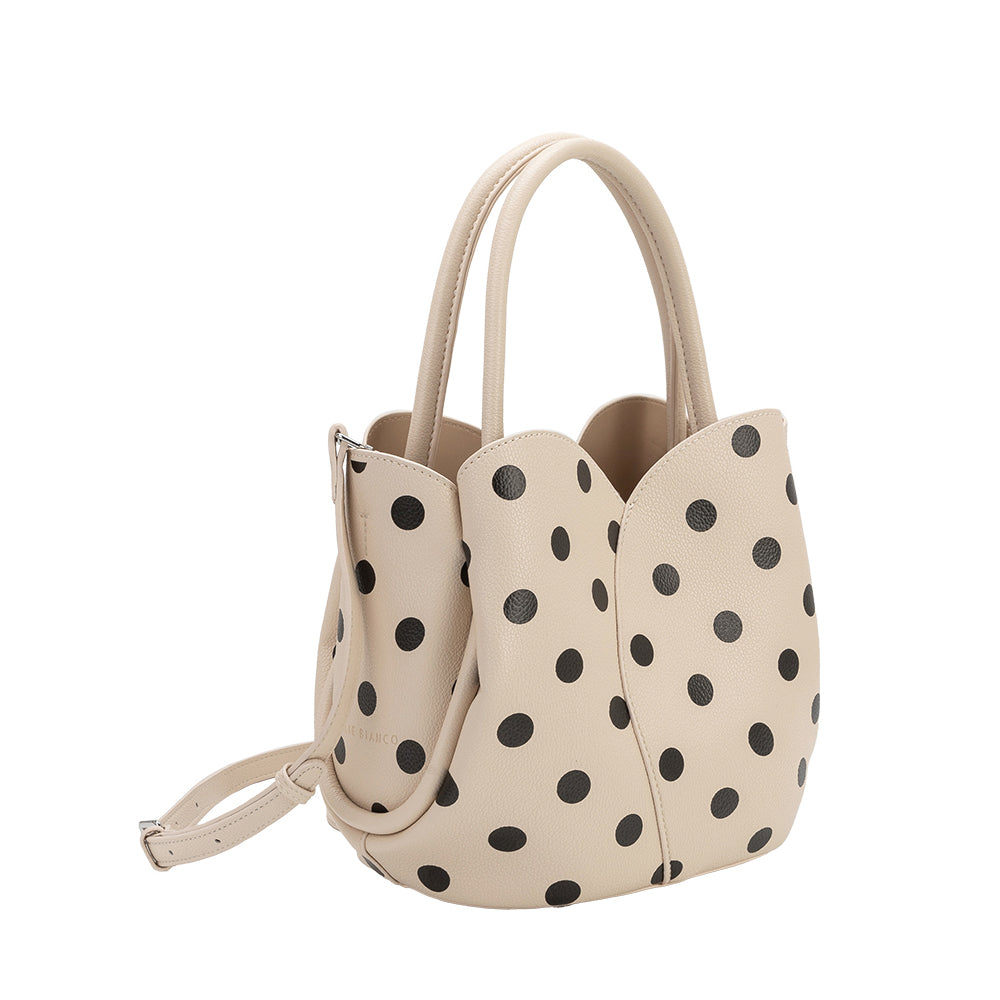 Cream Tulip Polka Dot Recycled Vegan Leather Crossbody Top Handle Bag - Melie Bianco