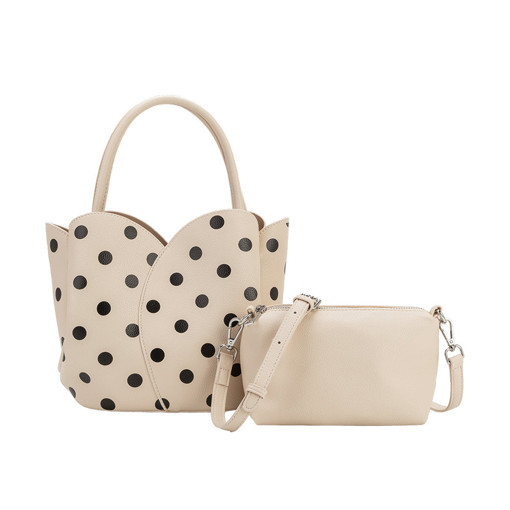 Cream Tulip Polka Dot Recycled Vegan Leather Crossbody Top Handle Bag - Melie Bianco