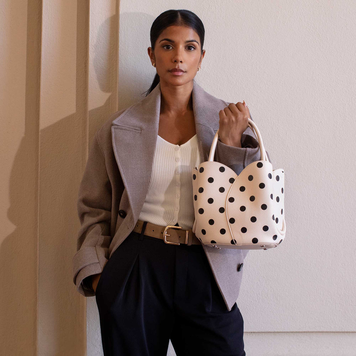 Cream Tulip Polka Dot Recycled Vegan Leather Crossbody Top Handle Bag - Melie Bianco