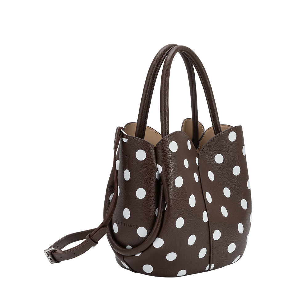 Chocolate Tulip Polka Dot Recycled Vegan Leather Crossbody Top Handle Bag - Melie Bianco