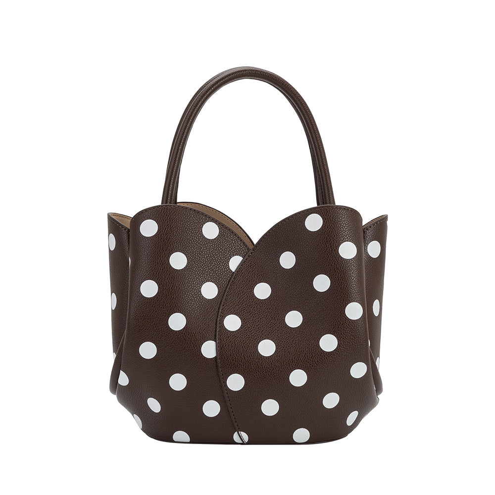 Chocolate Tulip Polka Dot Recycled Vegan Leather Crossbody Top Handle Bag - Melie Bianco