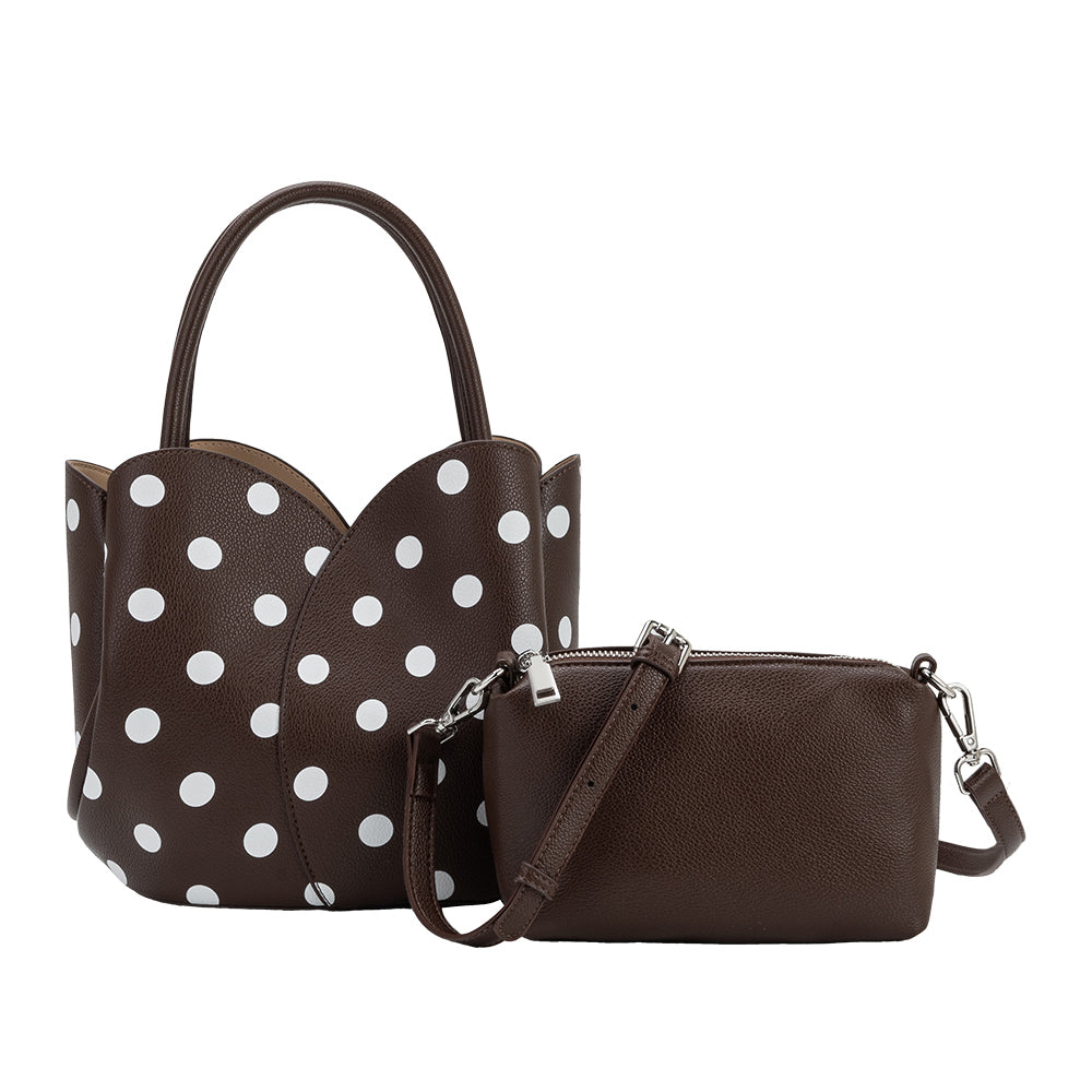 Chocolate Tulip Polka Dot Recycled Vegan Leather Crossbody Top Handle Bag - Melie Bianco