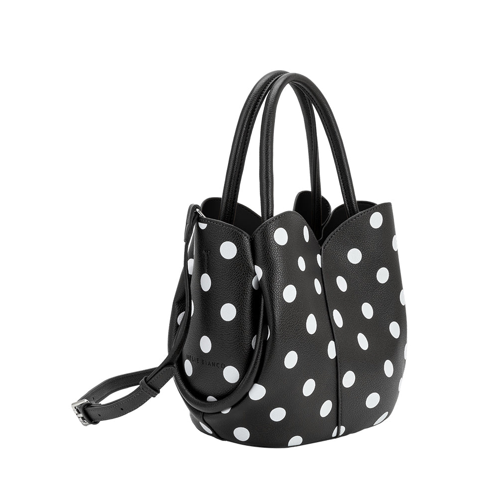 Black Tulip Polka Dot Recycled Vegan Leather Crossbody Top Handle Bag - Melie Bianco