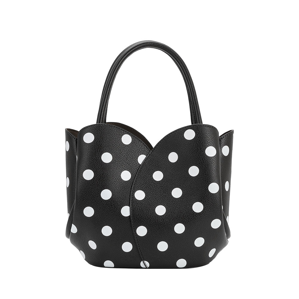 Black Tulip Polka Dot Recycled Vegan Leather Crossbody Top Handle Bag - Melie Bianco