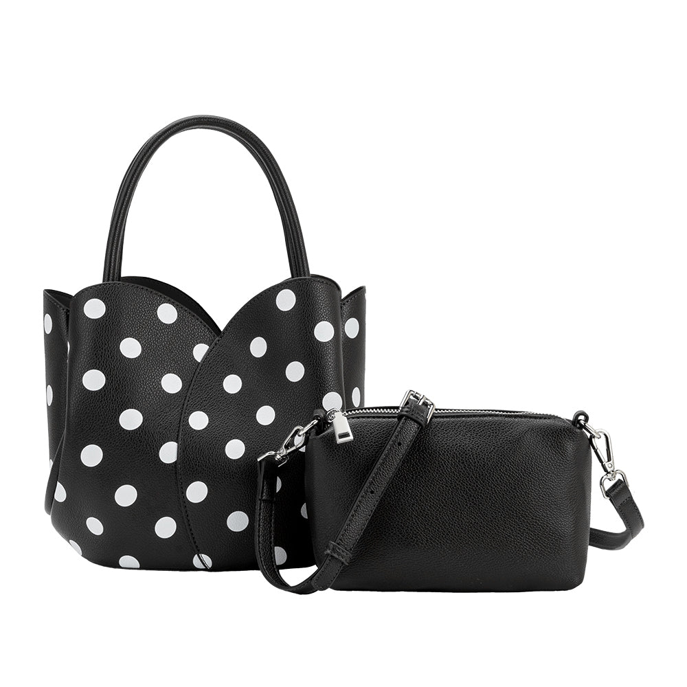 Black Tulip Polka Dot Recycled Vegan Leather Crossbody Top Handle Bag - Melie Bianco