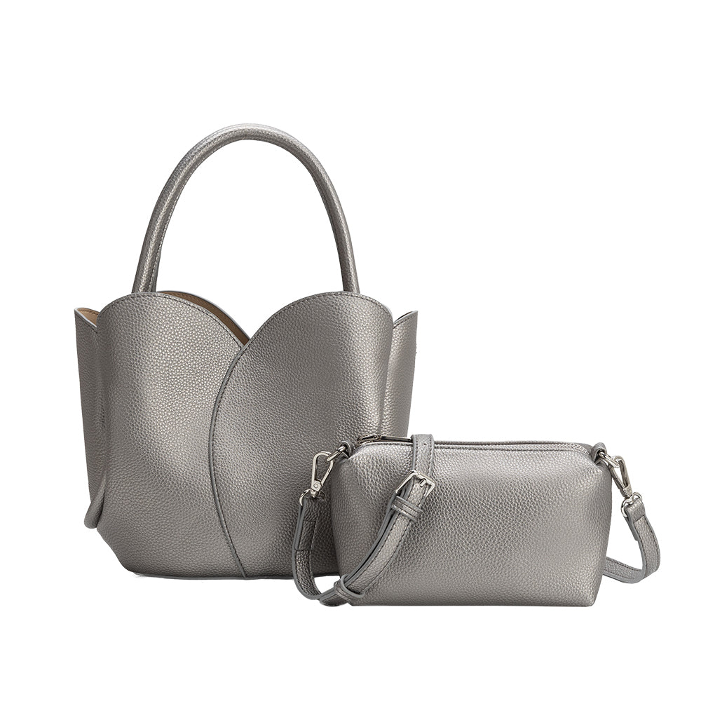 Pewter Tulip Recycled Vegan Leather Crossbody Top Handle Bag - Melie Bianco