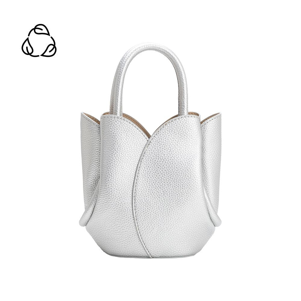 Metallic Silver Tulip Mini Recycled Vegan Leather Top Handle Bag - Melie Bianco