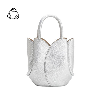 Metallic Silver Tulip Mini Recycled Vegan Leather Top Handle Bag - Melie Bianco
