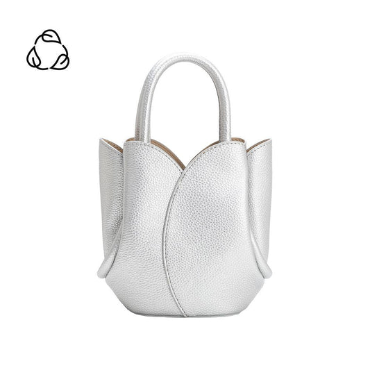 Metallic Silver Tulip Mini Recycled Vegan Leather Top Handle Bag - Melie Bianco