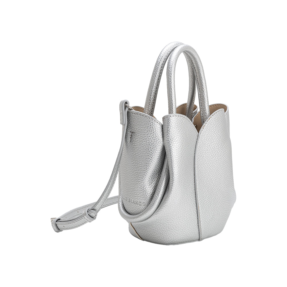 Metallic Silver Tulip Mini Recycled Vegan Leather Top Handle Bag - Melie Bianco