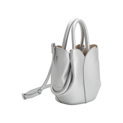Metallic Silver Tulip Mini Recycled Vegan Leather Top Handle Bag - Melie Bianco