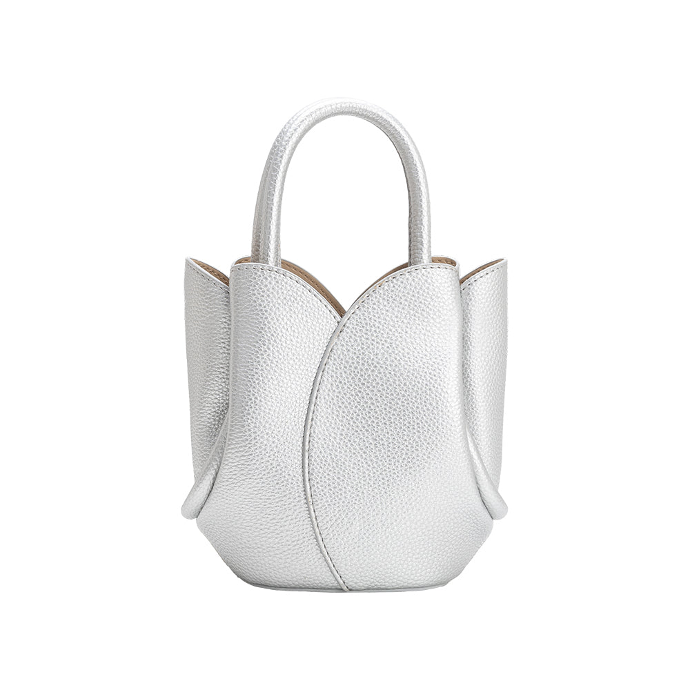 Metallic Silver Tulip Mini Recycled Vegan Leather Top Handle Bag - Melie Bianco