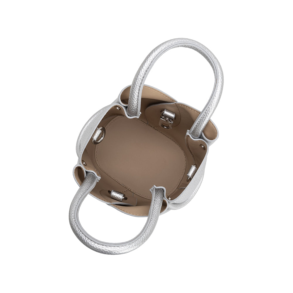 Metallic Silver Tulip Mini Recycled Vegan Leather Top Handle Bag - Melie Bianco