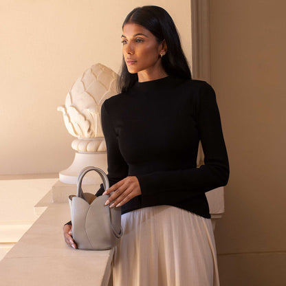 Metallic Silver Tulip Mini Recycled Vegan Leather Top Handle Bag - Melie Bianco