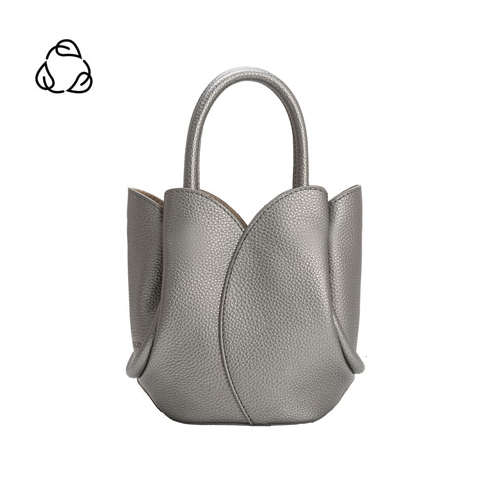 Metallic Pewter Tulip Mini Recycled Vegan Leather Top Handle Bag - Melie Bianco
