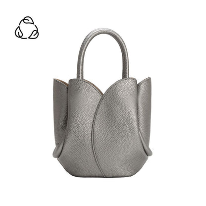 Metallic Pewter Tulip Mini Recycled Vegan Leather Top Handle Bag - Melie Bianco