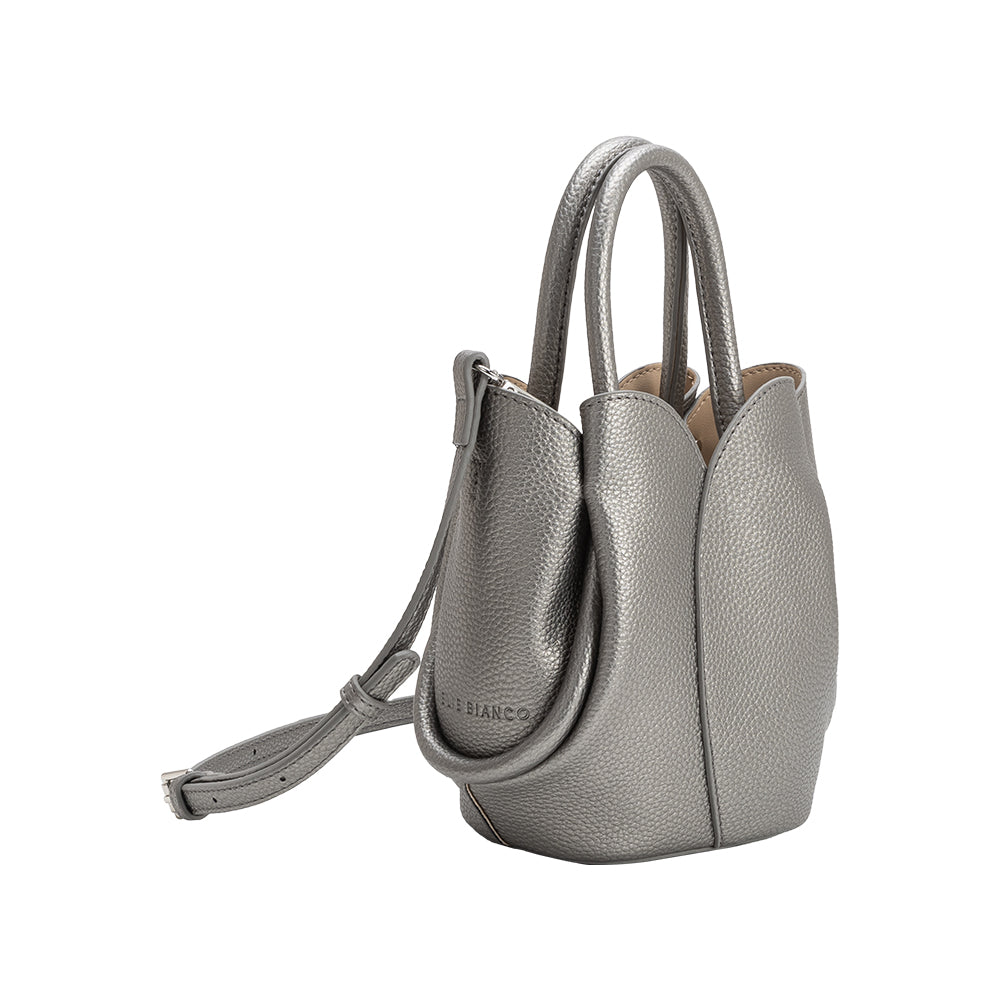 Metallic Pewter Tulip Mini Recycled Vegan Leather Top Handle Bag - Melie Bianco