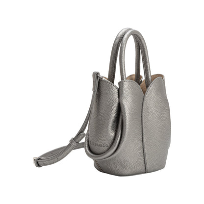 Metallic Pewter Tulip Mini Recycled Vegan Leather Top Handle Bag - Melie Bianco