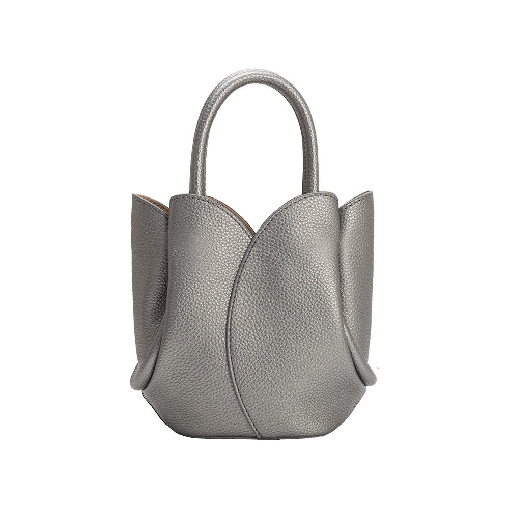 Metallic Pewter Tulip Mini Recycled Vegan Leather Top Handle Bag - Melie Bianco