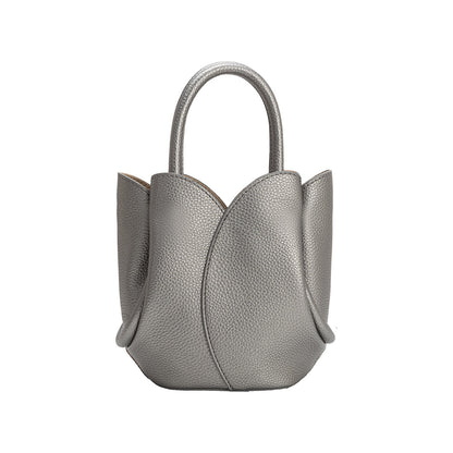Metallic Pewter Tulip Mini Recycled Vegan Leather Top Handle Bag - Melie Bianco