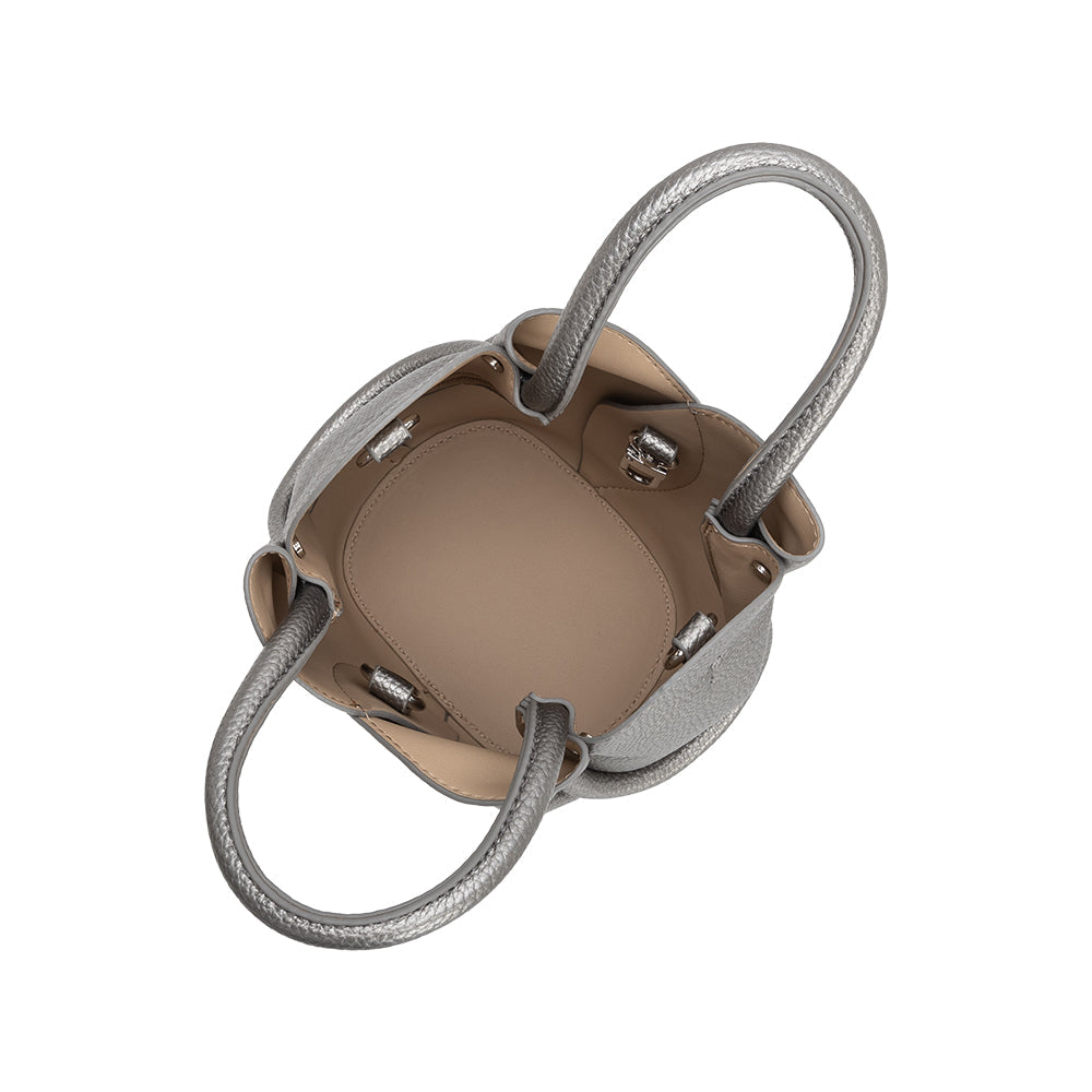 Metallic Pewter Tulip Mini Recycled Vegan Leather Top Handle Bag - Melie Bianco