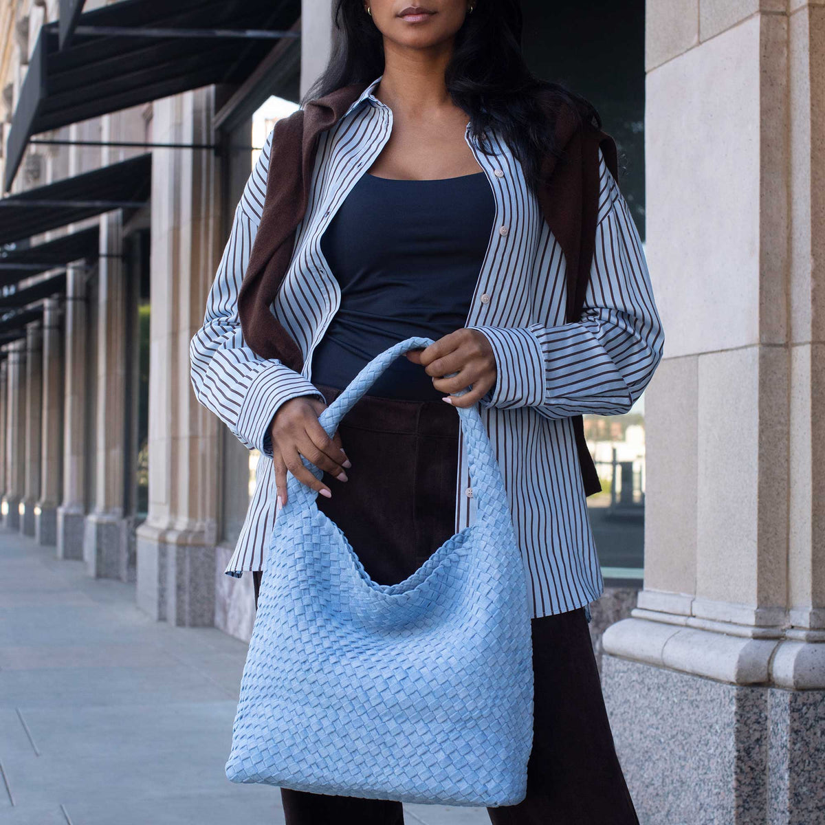 Chambray Johanna Large Recycled Vegan Suede Shoulder Bag - Melie Bianco