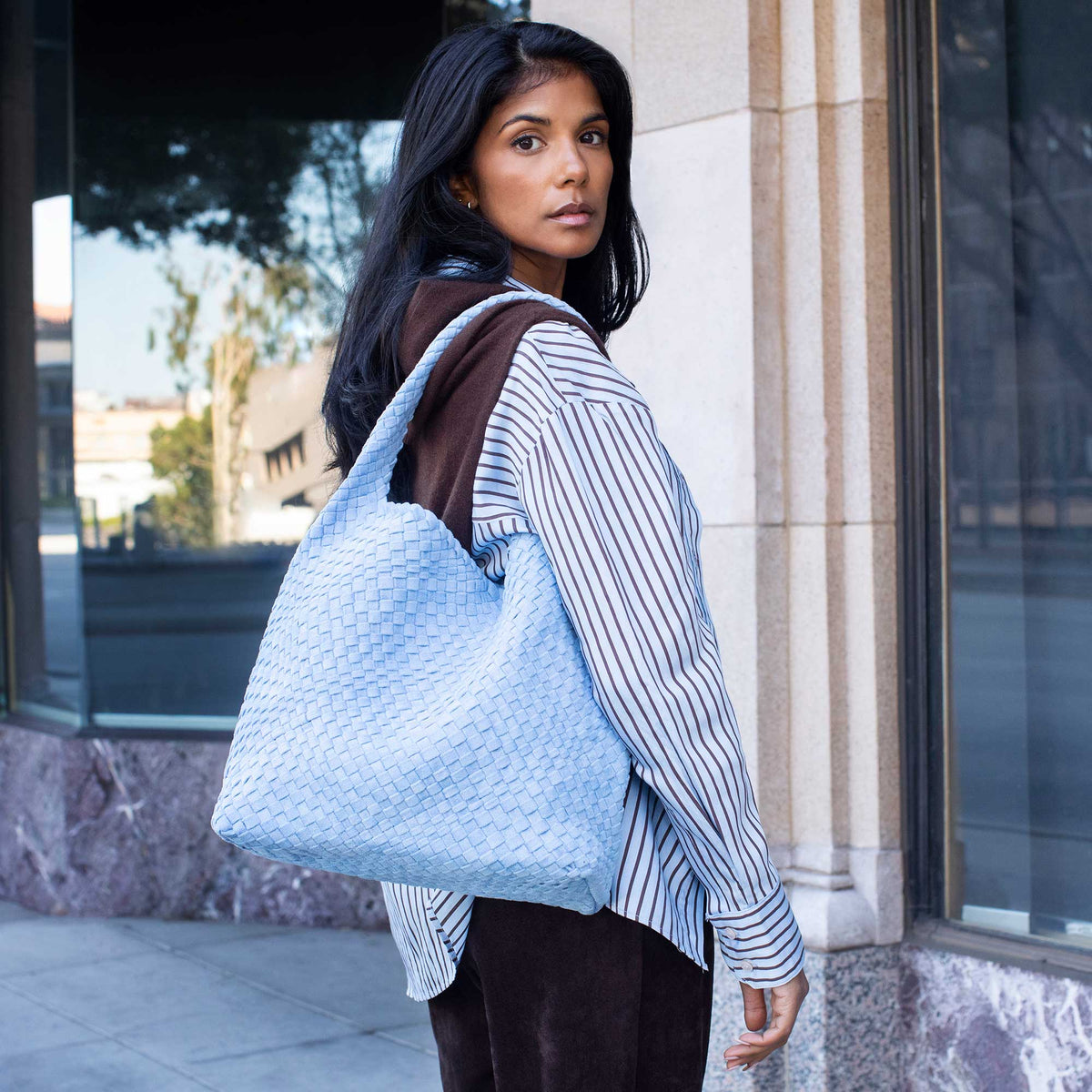 Chambray Johanna Large Recycled Vegan Suede Shoulder Bag - Melie Bianco