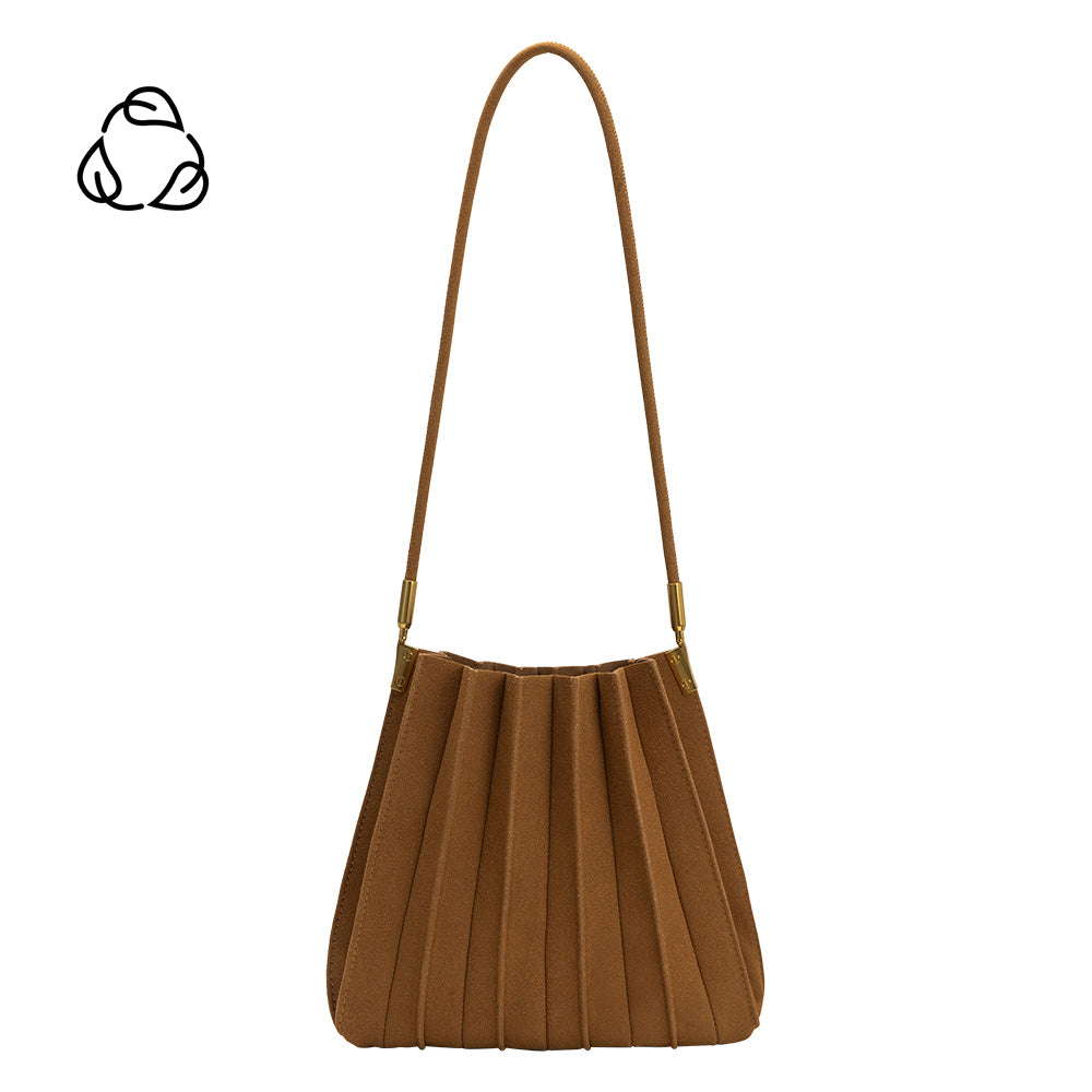 Camel Carrie Medium Vegan Suede Pleated Shoulder Bag - Melie Bianco