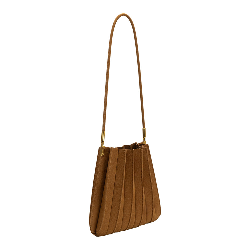 Camel Carrie Medium Vegan Suede Pleated Shoulder Bag - Melie Bianco
