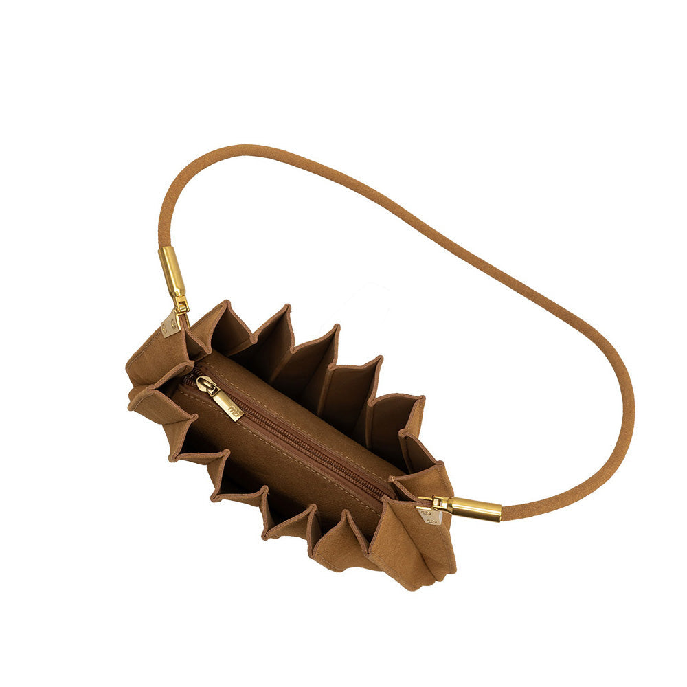 Camel Carrie Medium Vegan Suede Pleated Shoulder Bag - Melie Bianco