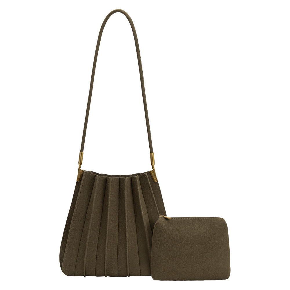 Olive Carrie Medium Vegan Suede Pleated Shoulder Bag - Melie Bianco