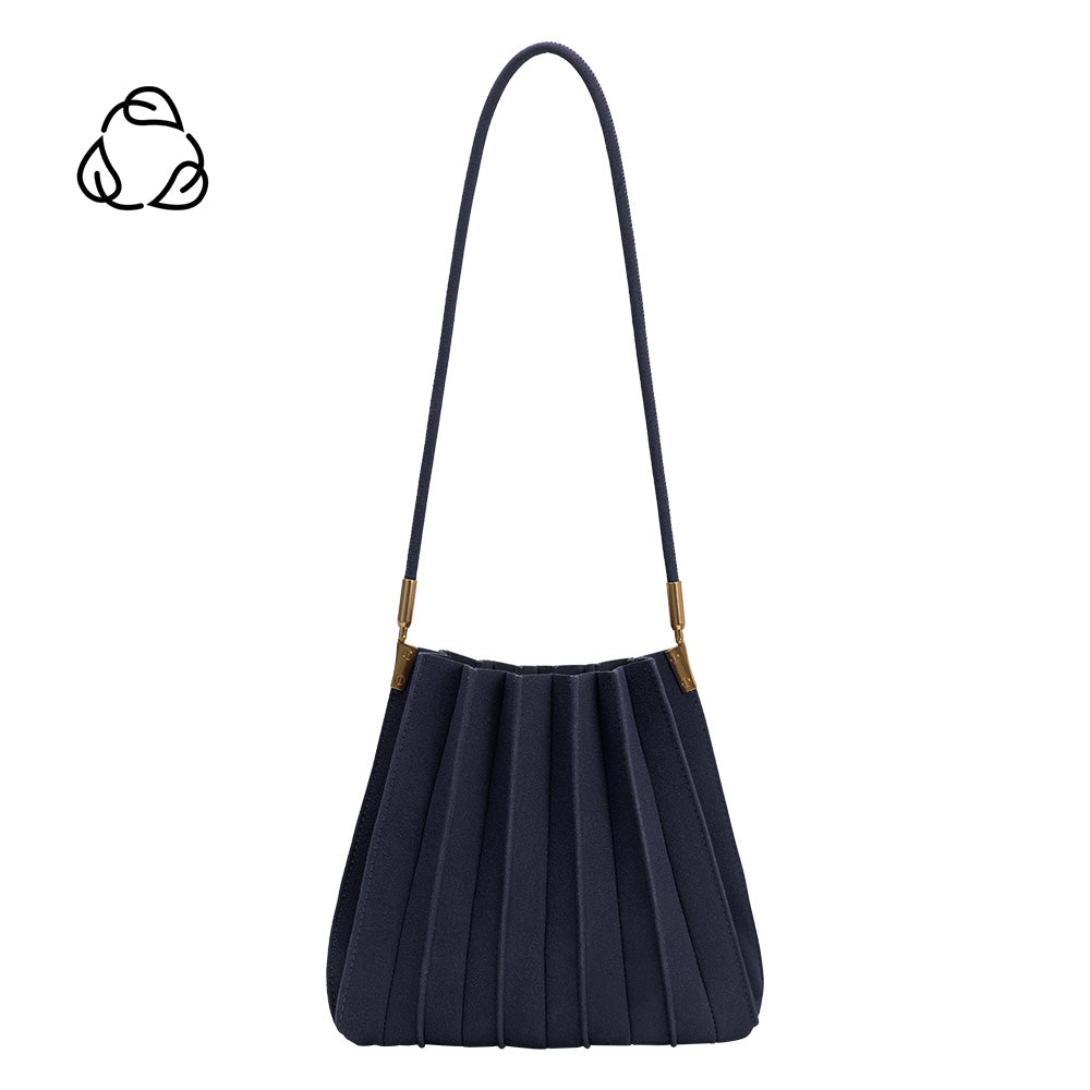 Navy Carrie Medium Vegan Suede Pleated Shoulder Bag - Melie Bianco