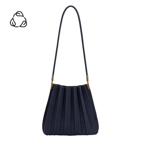 Navy Carrie Medium Vegan Suede Pleated Shoulder Bag - Melie Bianco