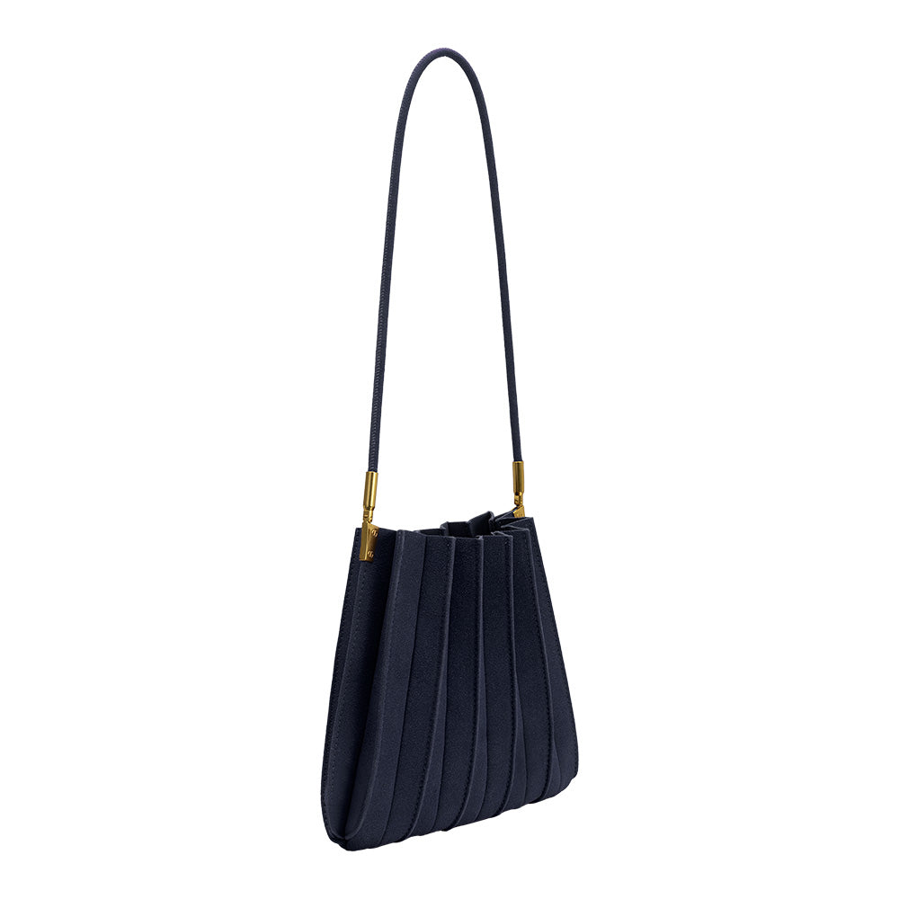 Navy Carrie Medium Vegan Suede Pleated Shoulder Bag - Melie Bianco