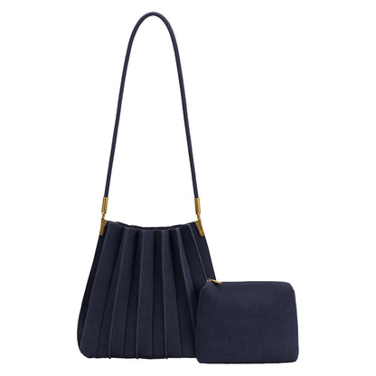 Navy Carrie Medium Vegan Suede Pleated Shoulder Bag - Melie Bianco