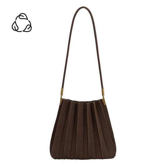 Chocolate Carrie Medium Vegan Suede Pleated Shoulder Bag - Melie Bianco