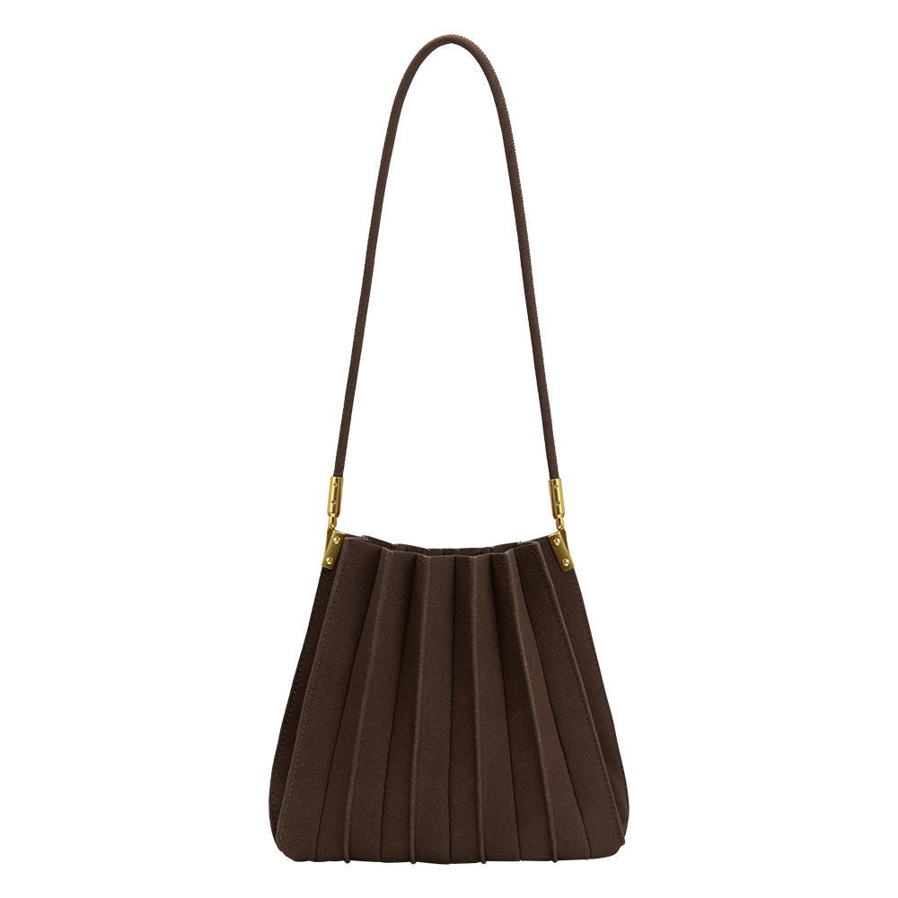 Chocolate Carrie Medium Vegan Suede Pleated Shoulder Bag - Melie Bianco