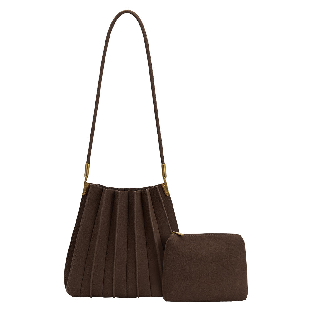 Chocolate Carrie Medium Vegan Suede Pleated Shoulder Bag - Melie Bianco