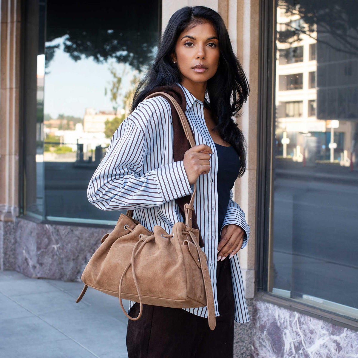 Chocolate Rhuby Recycled Vegan Suede Shoulder Bag - Melie Bianco