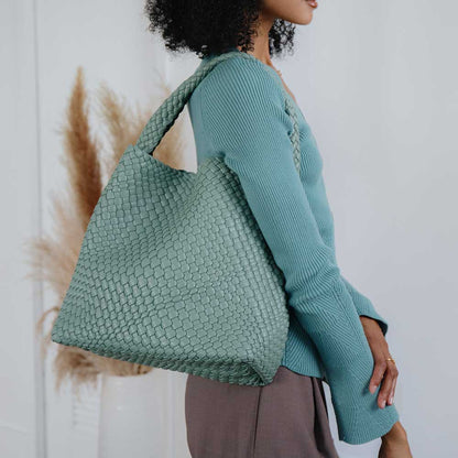 Light Teal Johanna Large Recycled Vegan Leather Shoulder Bag - Melie Bianco