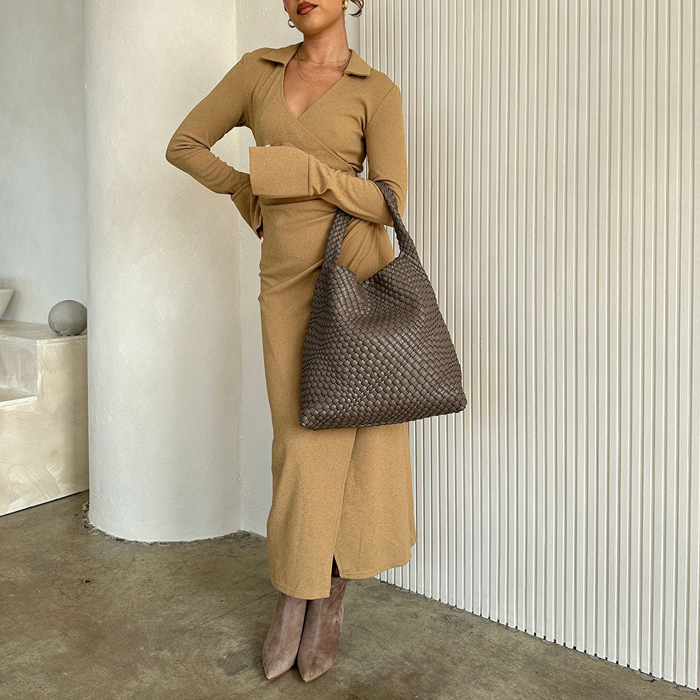 Espresso Johanna Large Recycled Vegan Leather Shoulder Bag - Melie Bianco