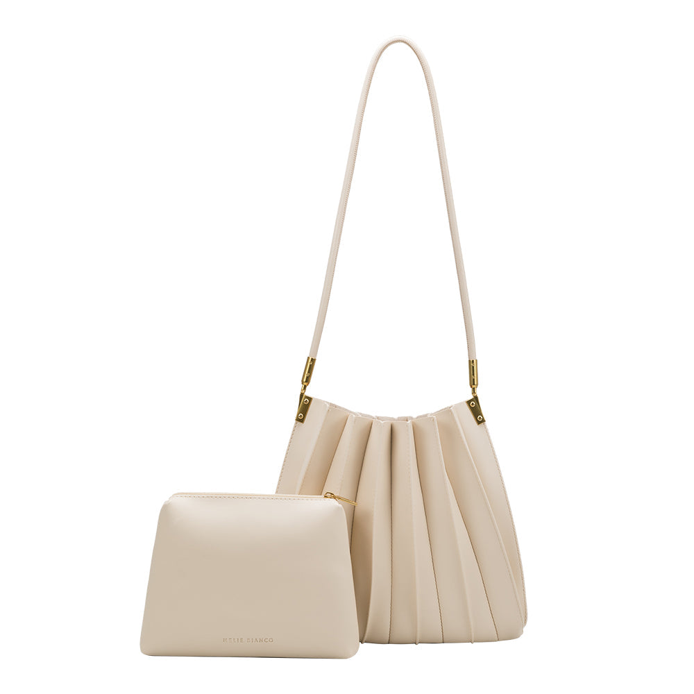 Ivory Carrie Medium Vegan Leather Pleated Shoulder Bag - Melie Bianco