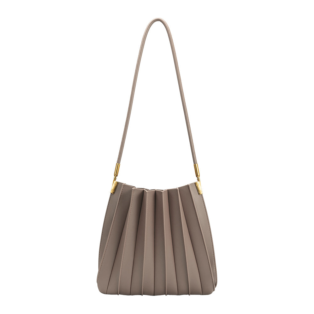 Mushroom Carrie Medium Vegan Leather Pleated Shoulder Bag - Melie Bianco