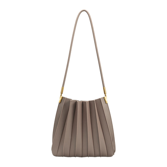 Mushroom Carrie Medium Vegan Leather Pleated Shoulder Bag - Melie Bianco