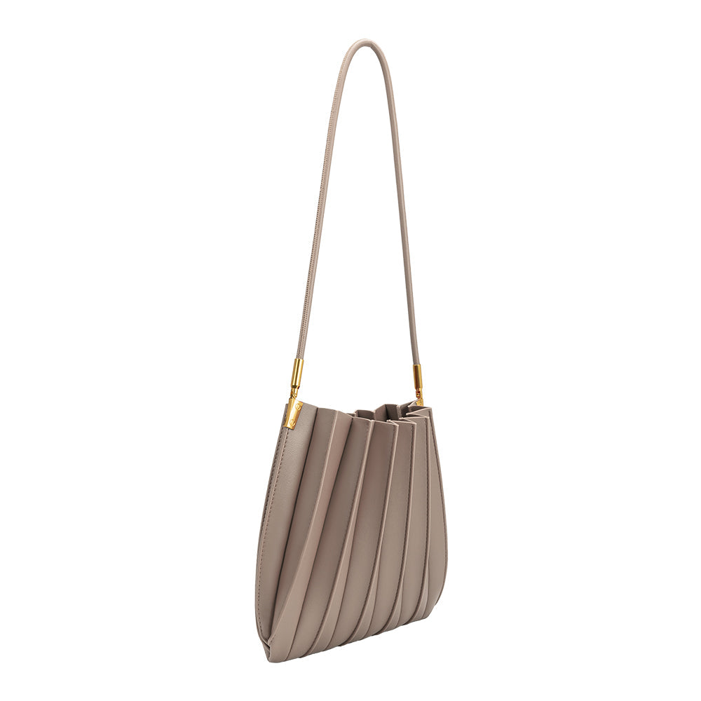 Mushroom Carrie Medium Vegan Leather Pleated Shoulder Bag - Melie Bianco