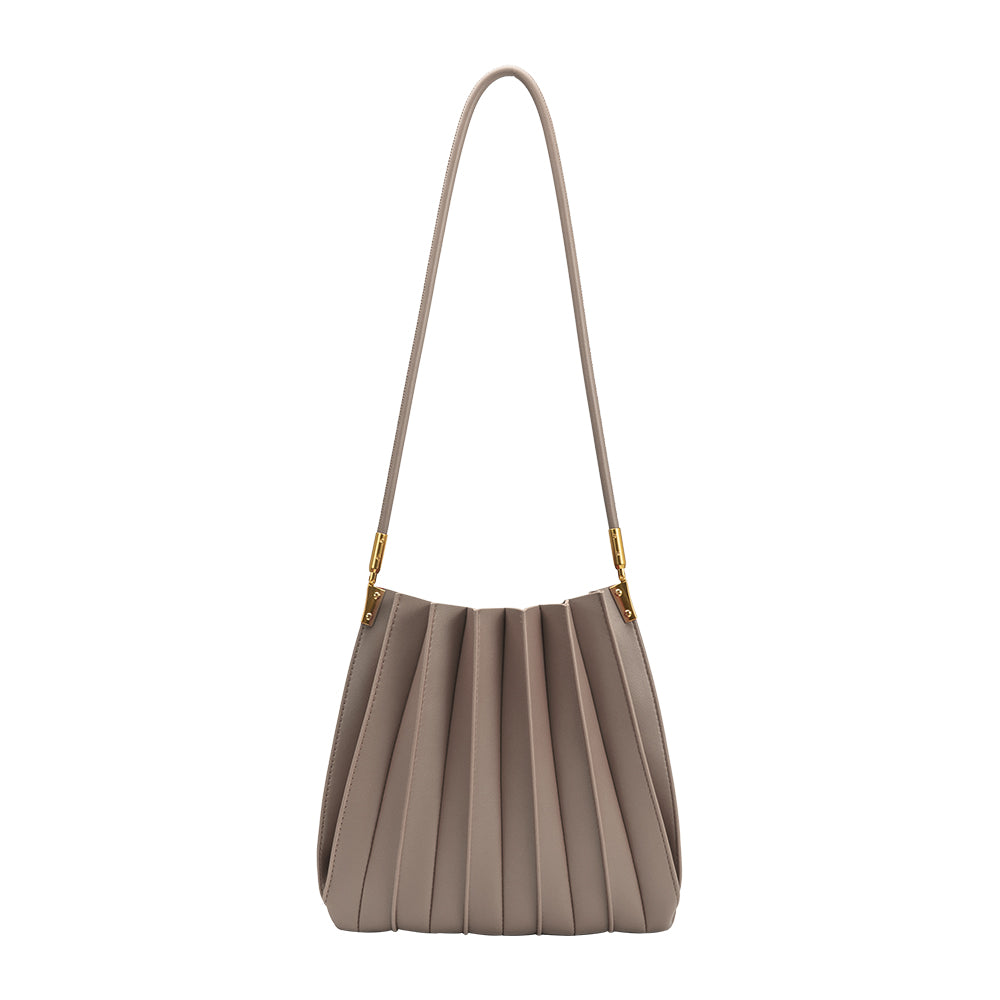 Mushroom Carrie Medium Vegan Leather Pleated Shoulder Bag - Melie Bianco