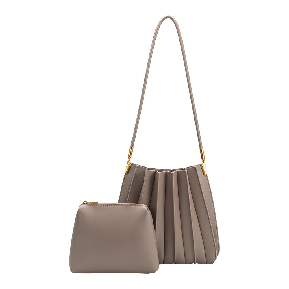 Mushroom Carrie Medium Vegan Leather Pleated Shoulder Bag - Melie Bianco