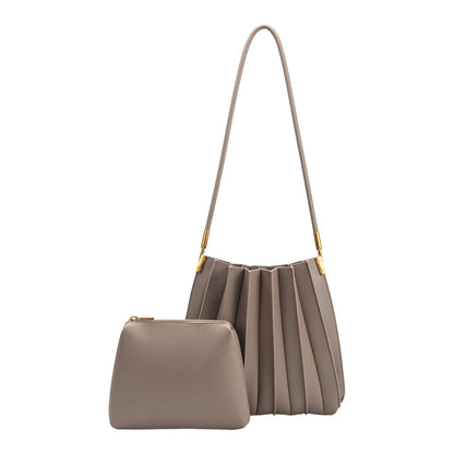 Mushroom Carrie Medium Vegan Leather Pleated Shoulder Bag - Melie Bianco
