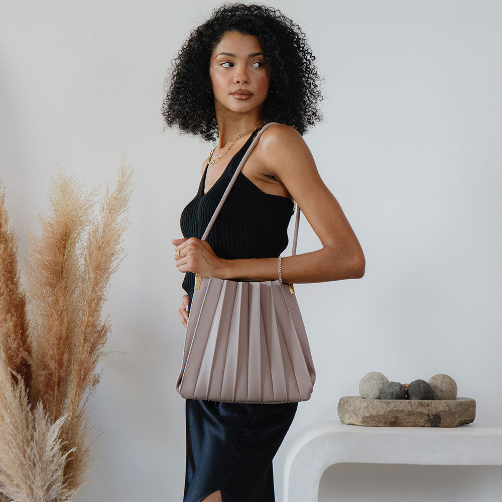 Mushroom Carrie Medium Vegan Leather Pleated Shoulder Bag - Melie Bianco